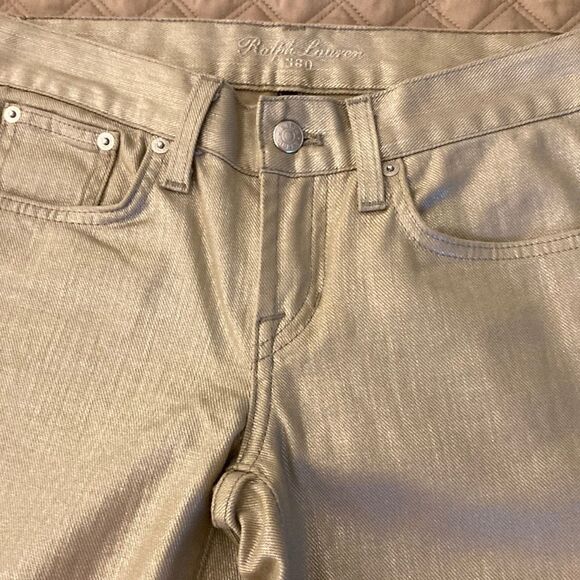 Ralph Lauren Collection 380 NWOT Metallic Mercury Gold Slim Bootcut Jeans. - Picture 2 of 8